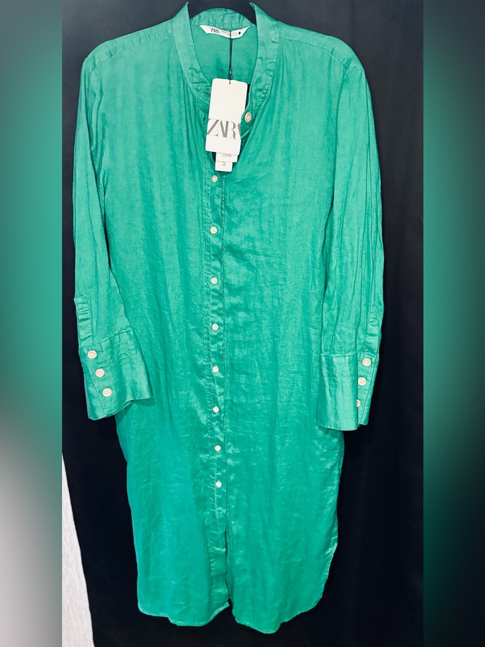 NWT - Zara 100% Linen Midi Shirt Dress - Kelly Green - Size M